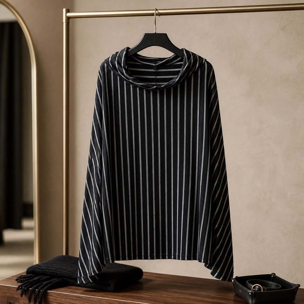 John Paul Richard Striped Cowl Neck Poncho Top Size M #409